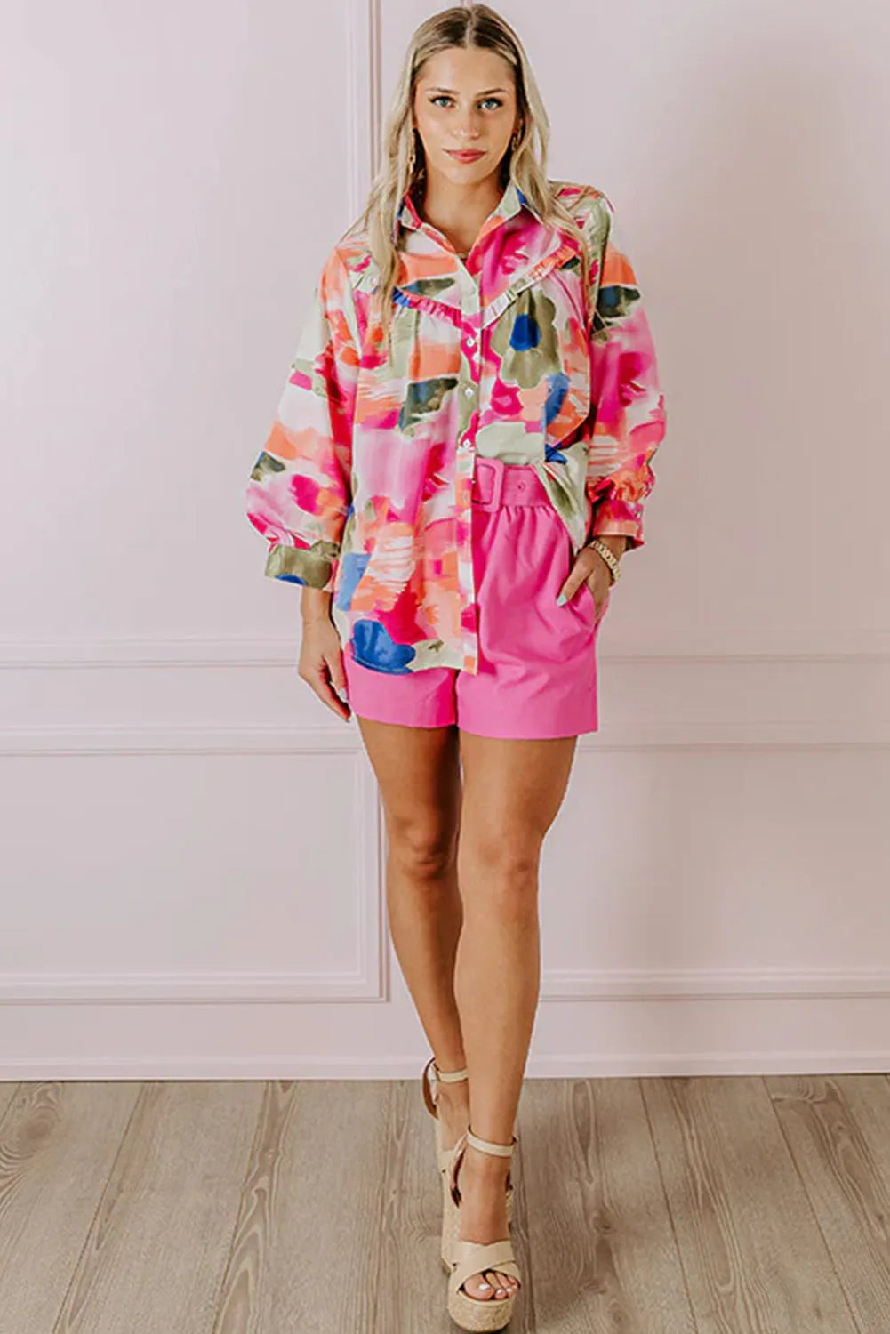 Rose Abstract Print Ruffled Puff Sleeve Shirt - Chic Meadow Boutique 