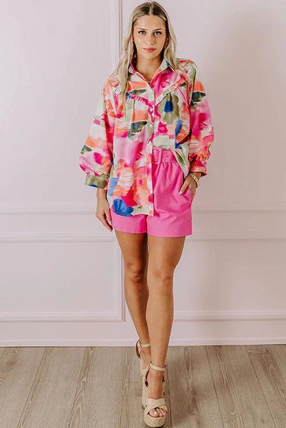 Rose Abstract Print Ruffled Puff Sleeve Shirt - Chic Meadow Boutique 