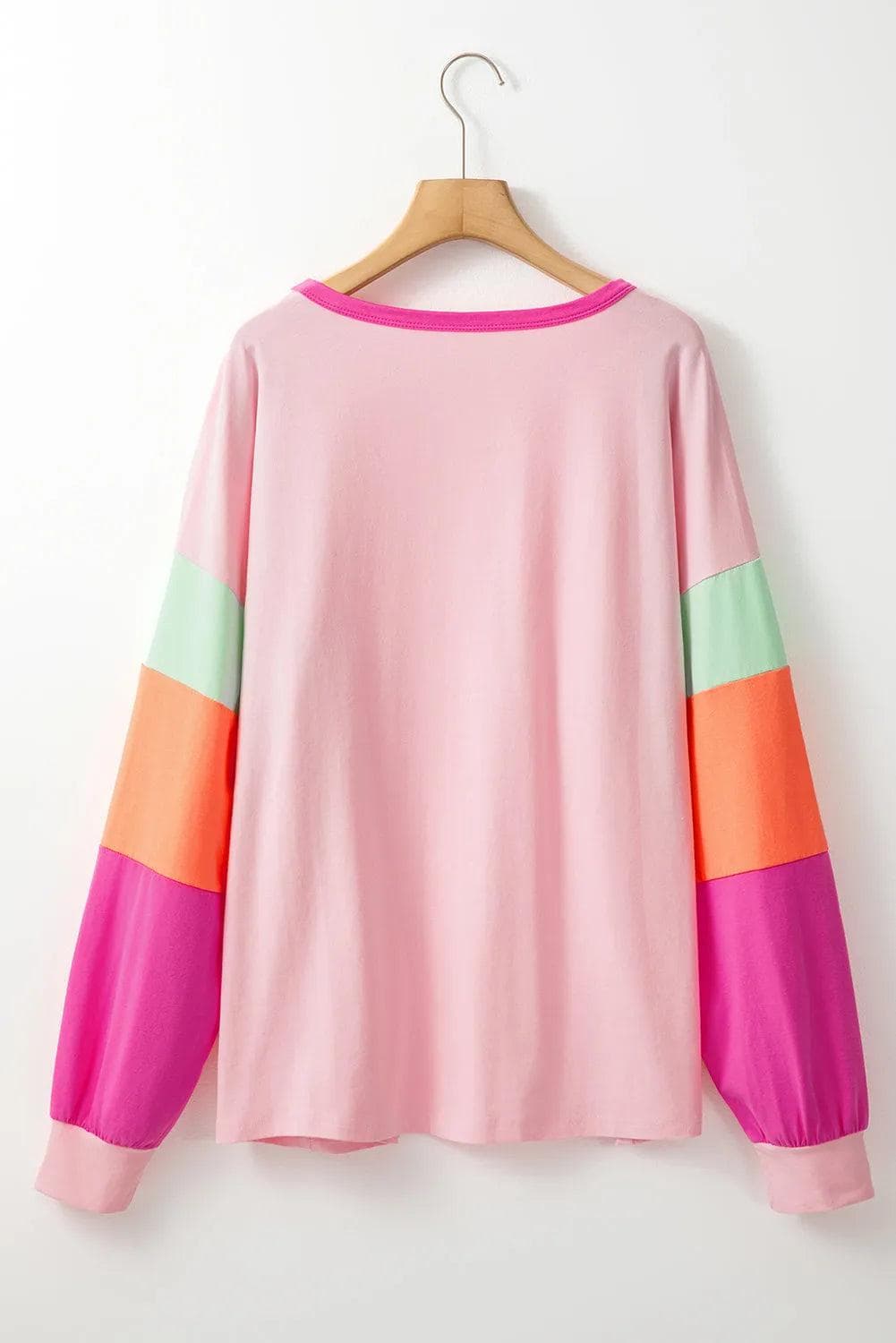 Plus Size/Plus Size Tops/Plus Size Long Sleeve Tops Pink Colorblock Patchwork Long Sleeve Plus Size Top