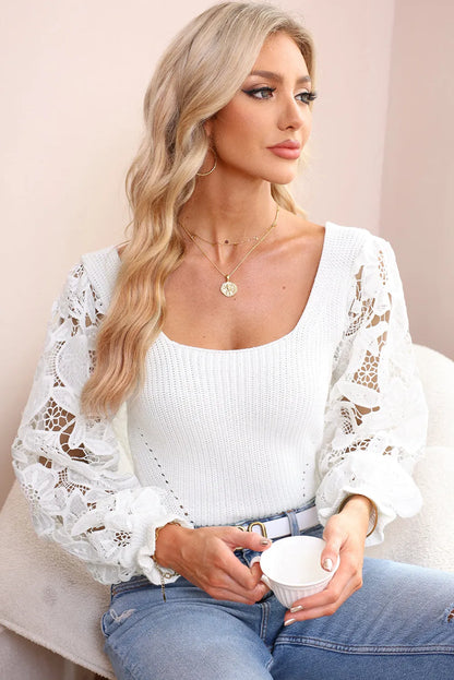 White Crochet Lace Sleeve Ribbed Knit Sweater - Chic Meadow Boutique 