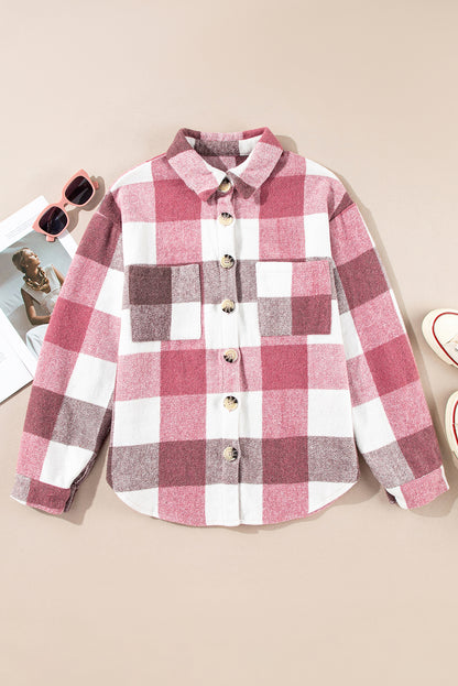 Plaid Color Block Buttoned Long Sleeve Jacket with Pocket