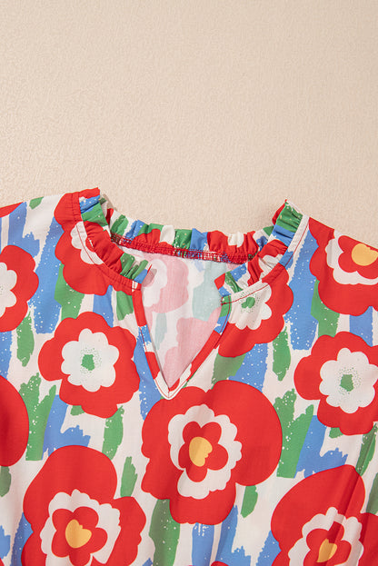 Red Plus Size Floral Print Ruffle Trim Split Neck Peplum Top