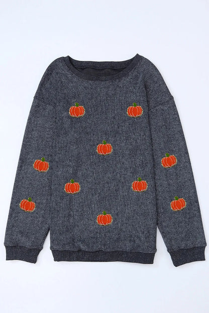 Gray Halloween Pumpkin Graphic Drop Shoulder Ribbed Sweatshirt - Chic Meadow Boutique 