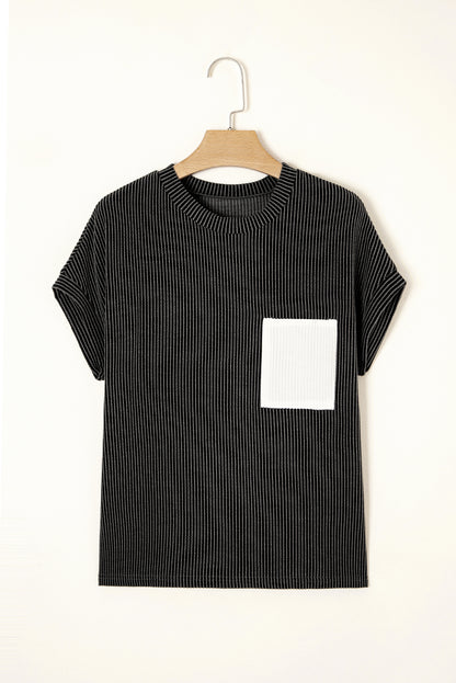 Carbon Grey Corded Knit Color Block Pocketed Crew Neck T Shirt
