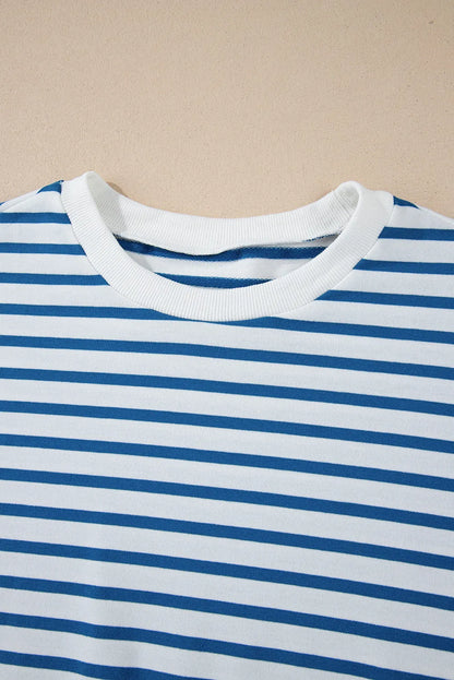 Blue Stripe Drop Shoulder Crew Neck Loose Sweatshirt - Chic Meadow Boutique 