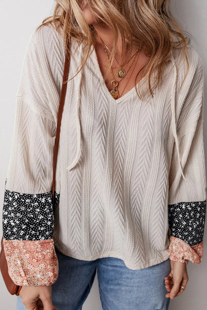 Beige Floral Patchwork Textured Knit Drawstring V Neck Blouse - Chic Meadow Boutique 