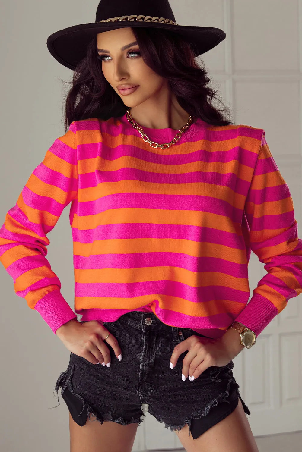 Rose Stripe Shoulder Pad Round Neck Sweater - Chic Meadow Boutique 