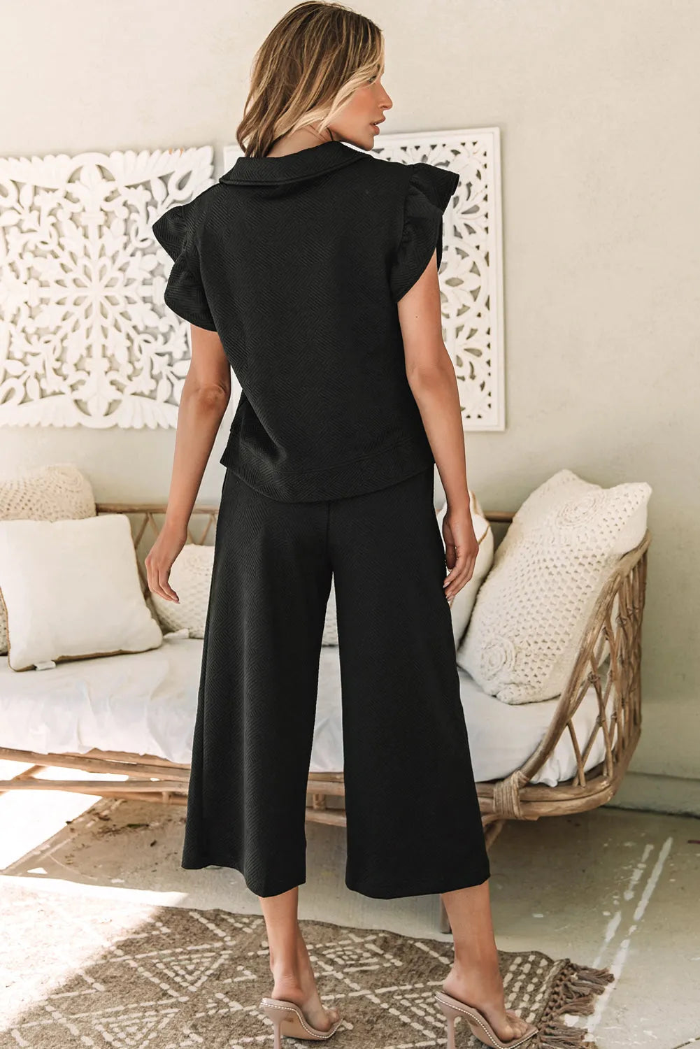 Black Textured Flutter Sleeve Top Wide Leg Pants Set - Chic Meadow Boutique 