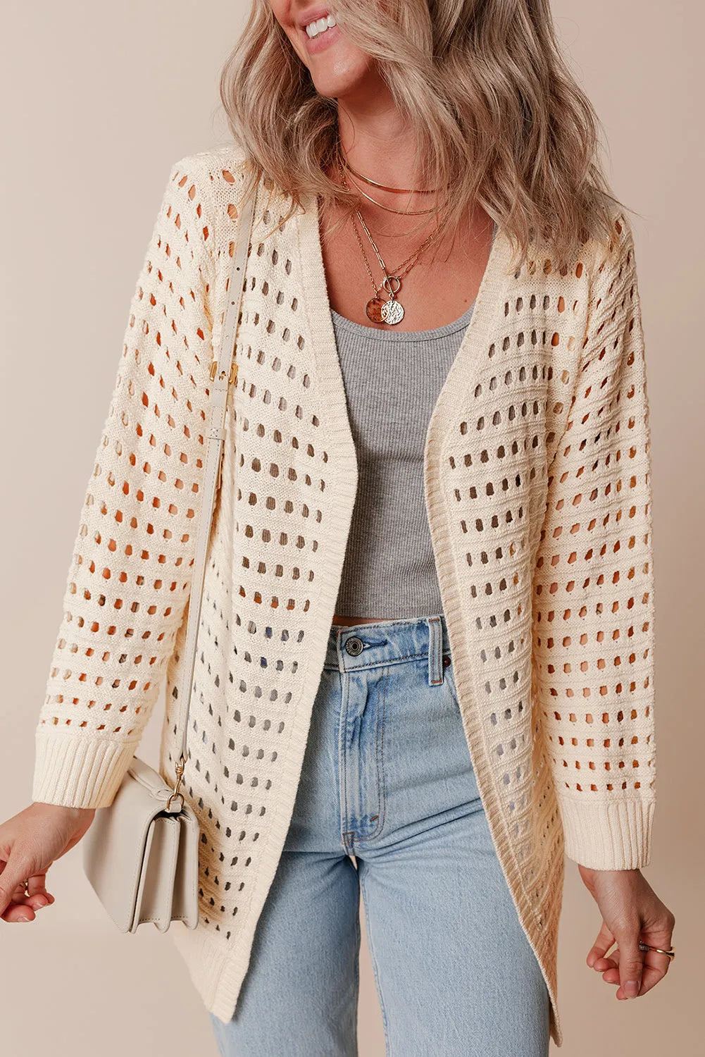 Apricot Solid Color Open Knit Duster Cardigan - Chic Meadow Boutique 