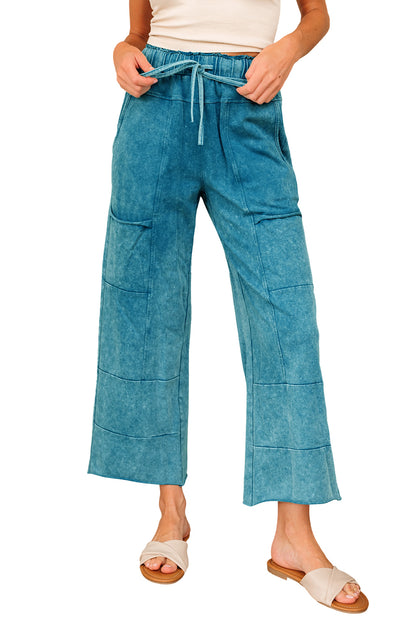 Lapis Mineral Wash Lace-up High Waist Raw Hem Patched Pocket Pants