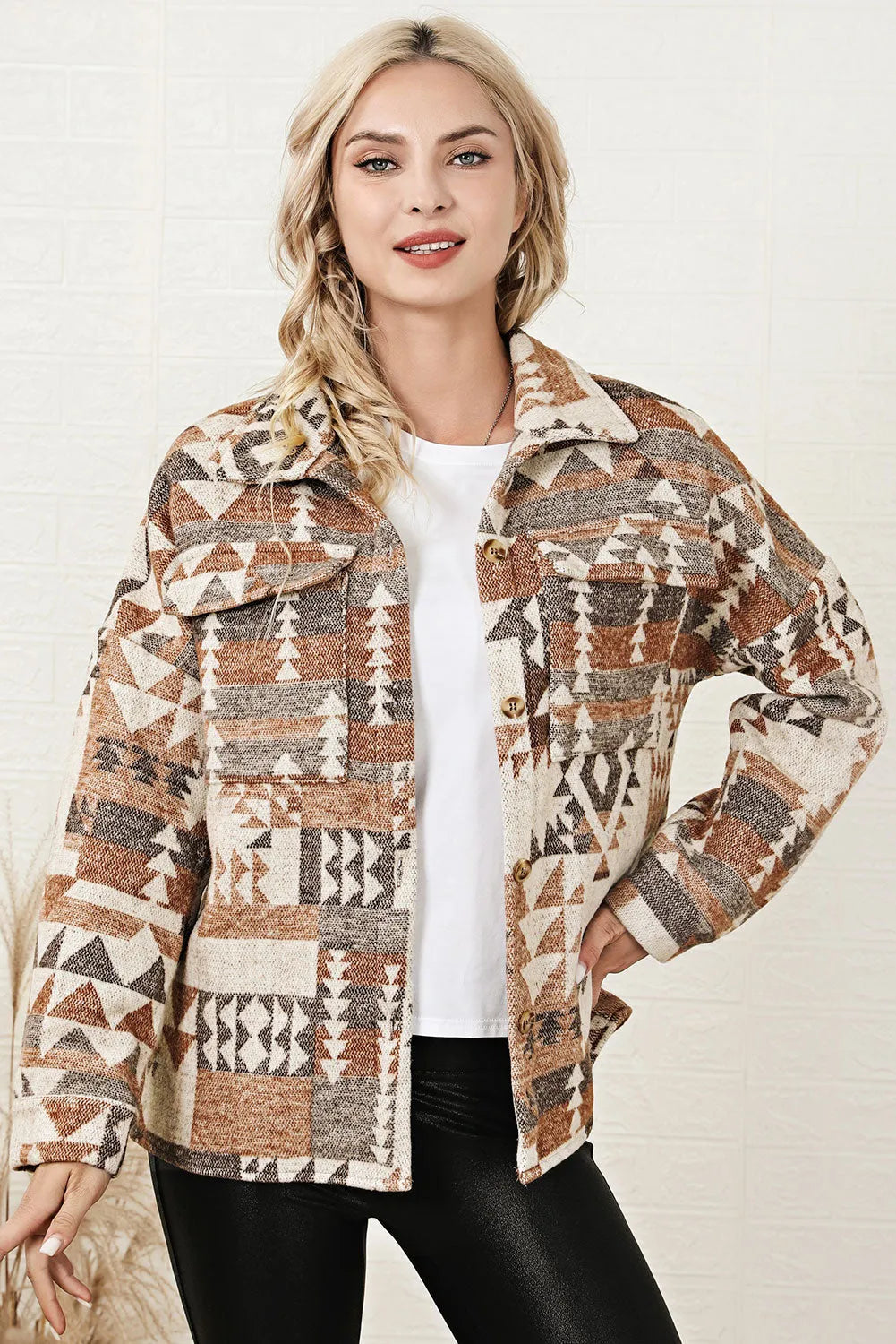 Brown Aztec Print Flap Pocket Button-up Jacket - Chic Meadow Boutique 