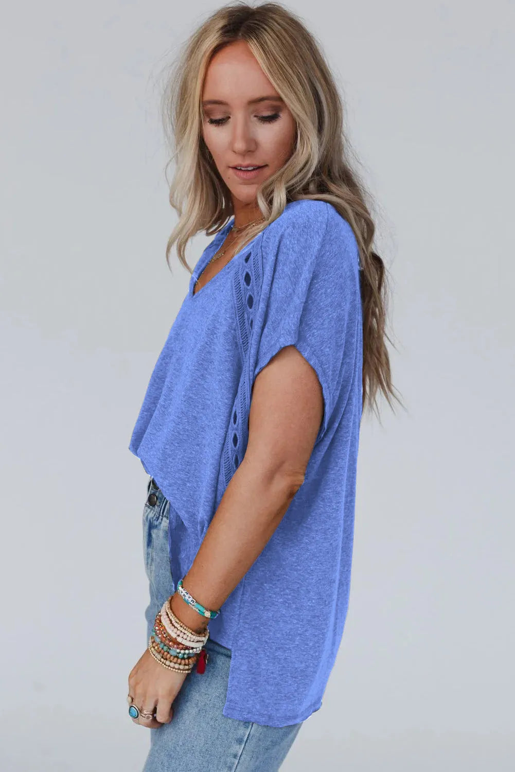 Sky Blue Crochet Lace Detail Oversized Tee - Chic Meadow Boutique 