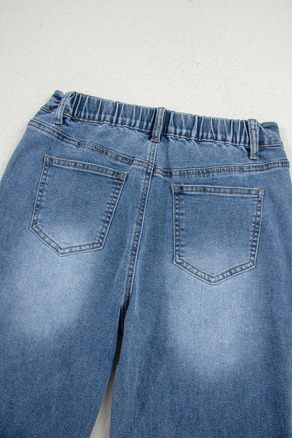 Stone Blue Star Patchwork Cropped Wide Leg High Waist Jeans