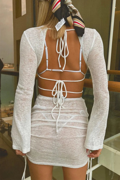 White Strappy Tie Back Cutout Sheer Knit Bell Sleeve Cover Up - Chic Meadow Boutique 