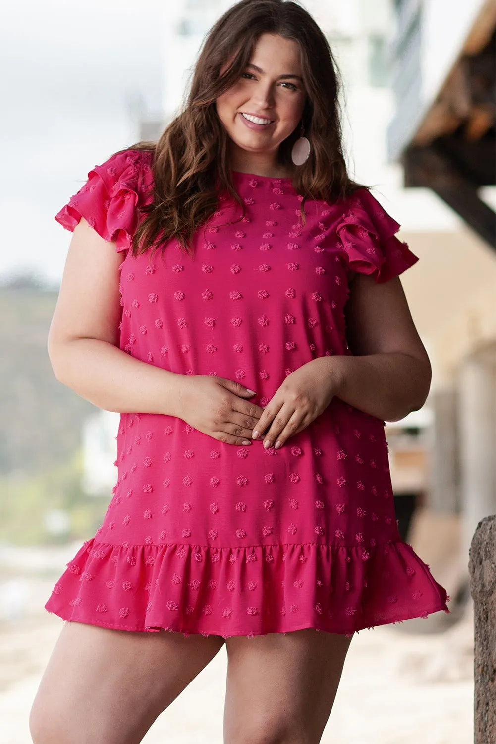 Strawberry Pink Plus Size Jacquard Short Ruffle Sleeve Mini Dress - Chic Meadow Boutique 