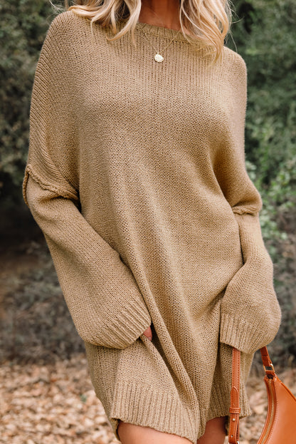 Pale Khaki Oversize Drop Shoulder Slouchy Sweater Dress