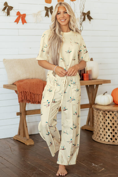 Beige Duck Print Short Sleeve Top Pocket Pants 2pcs Casual Set