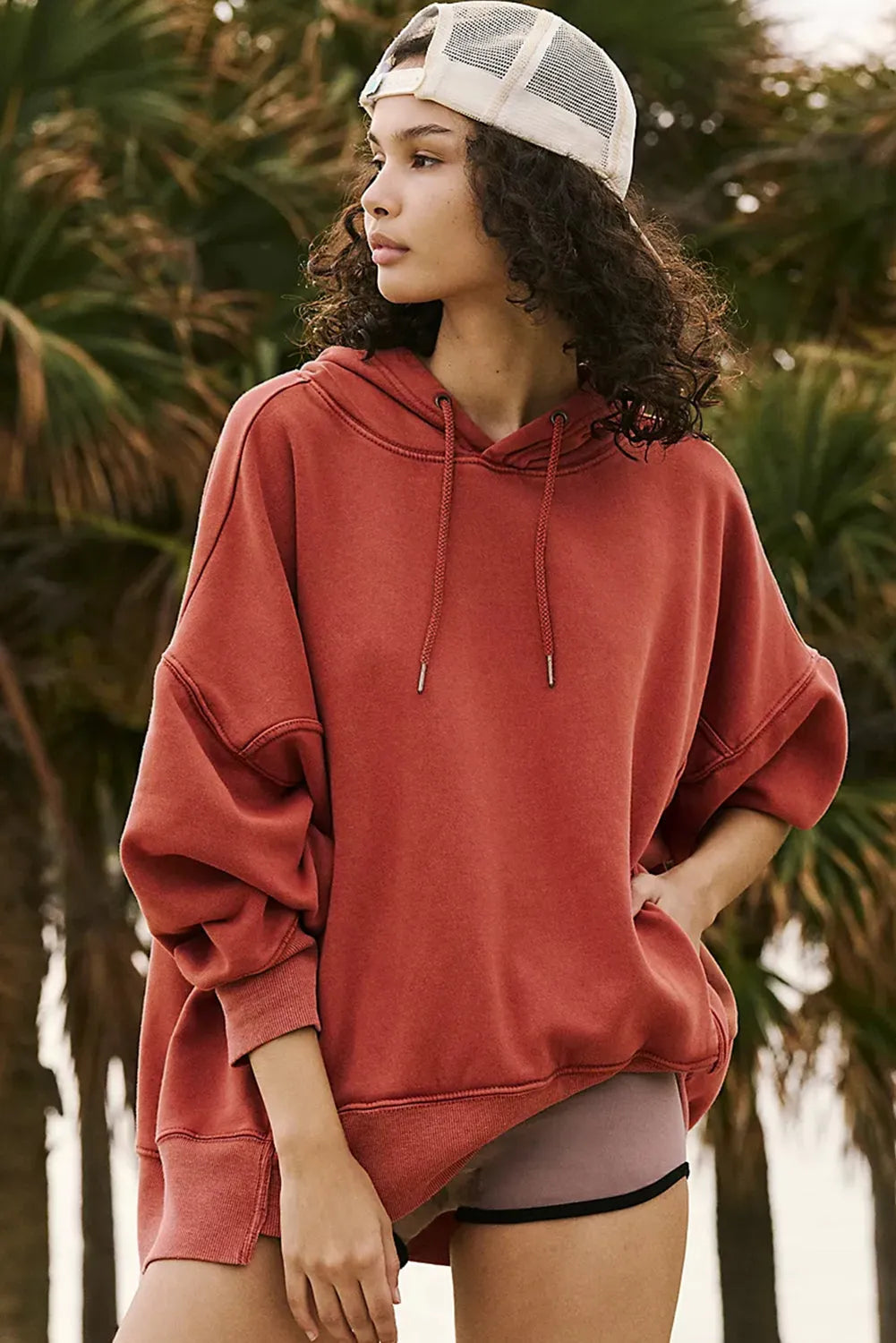 Red Clay Drop Shoulder Pocketed Baggy Drawstring Hoodie - Chic Meadow Boutique 