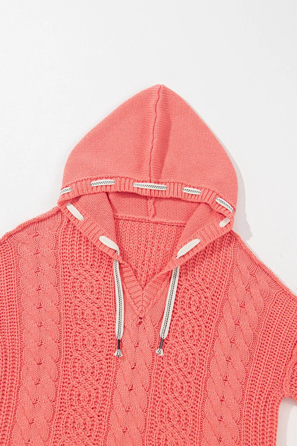 Gold Flame Cable Knit V Neck Contrast Drawstring Hooded Sweater - Chic Meadow Boutique 