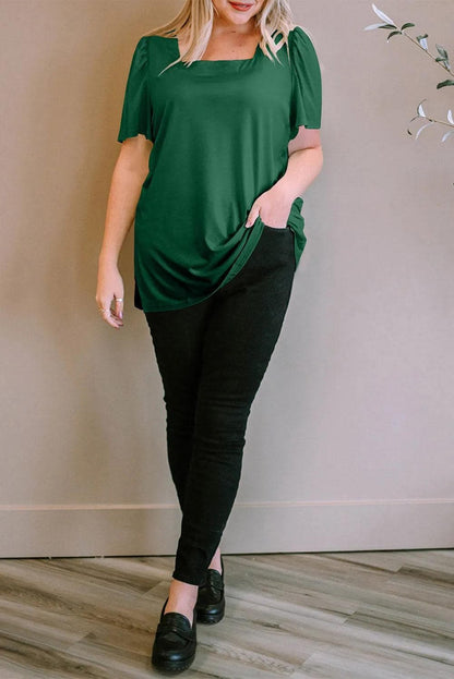 Plus Size/Plus Size Tops/Plus Size Tops & Tees Green Plus Size Square Neck Ruched Shoulder Short Sleeve Top