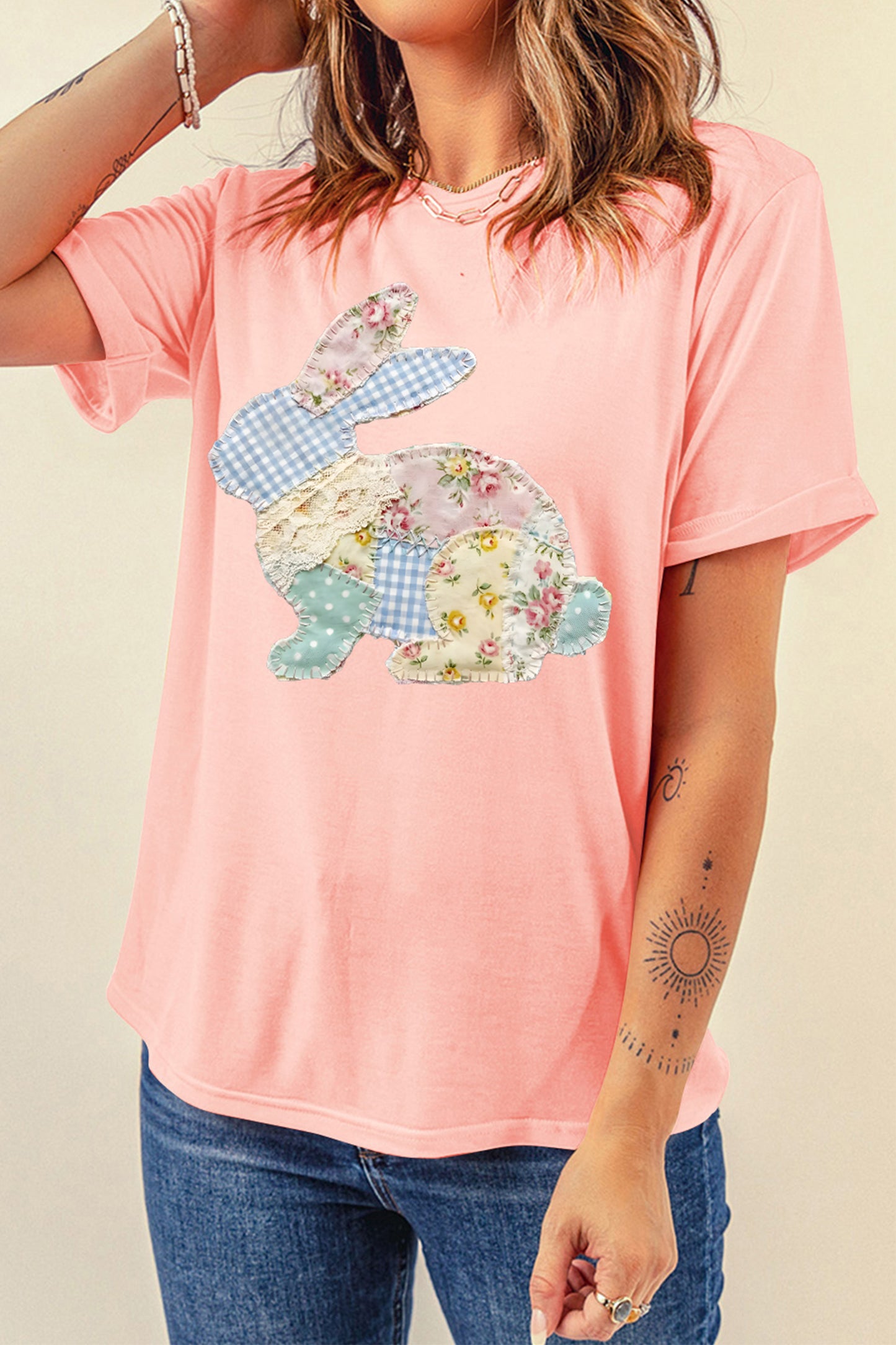 Pink Vibrant Easter Bunny Patchwork Printed T Shirt