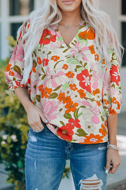 Orange Blooming Flowers Frill Trim Puff Sleeve Blouse - Chic Meadow Boutique 