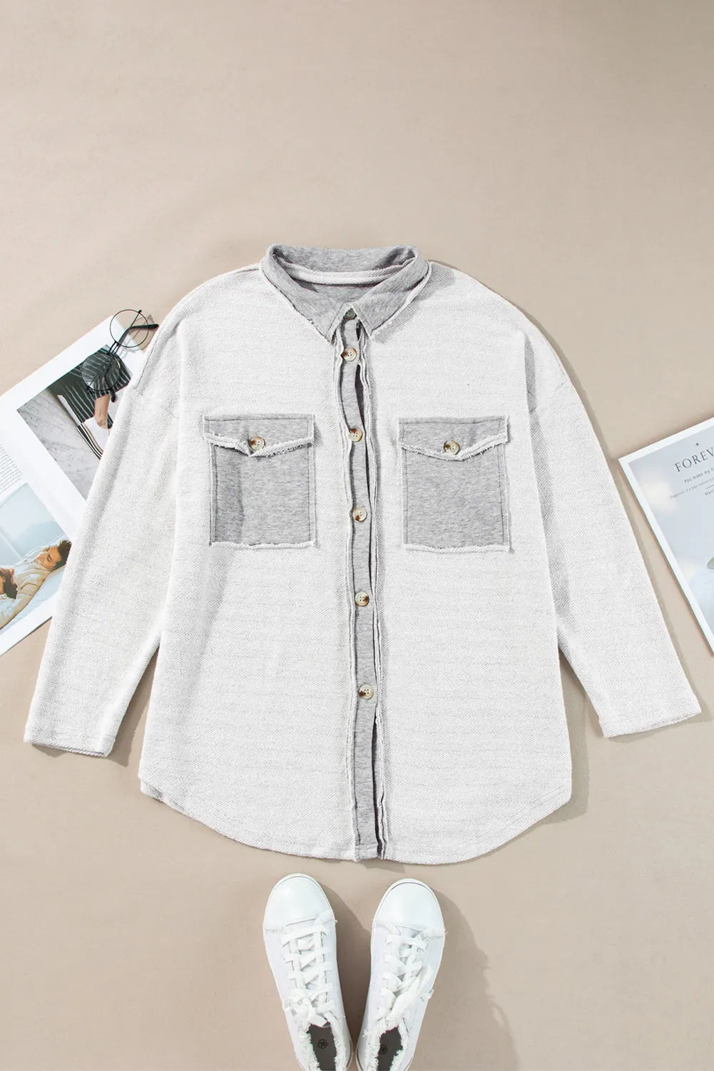 Gray Contrast Flap Pockets Relaxed Shacket - Chic Meadow Boutique 