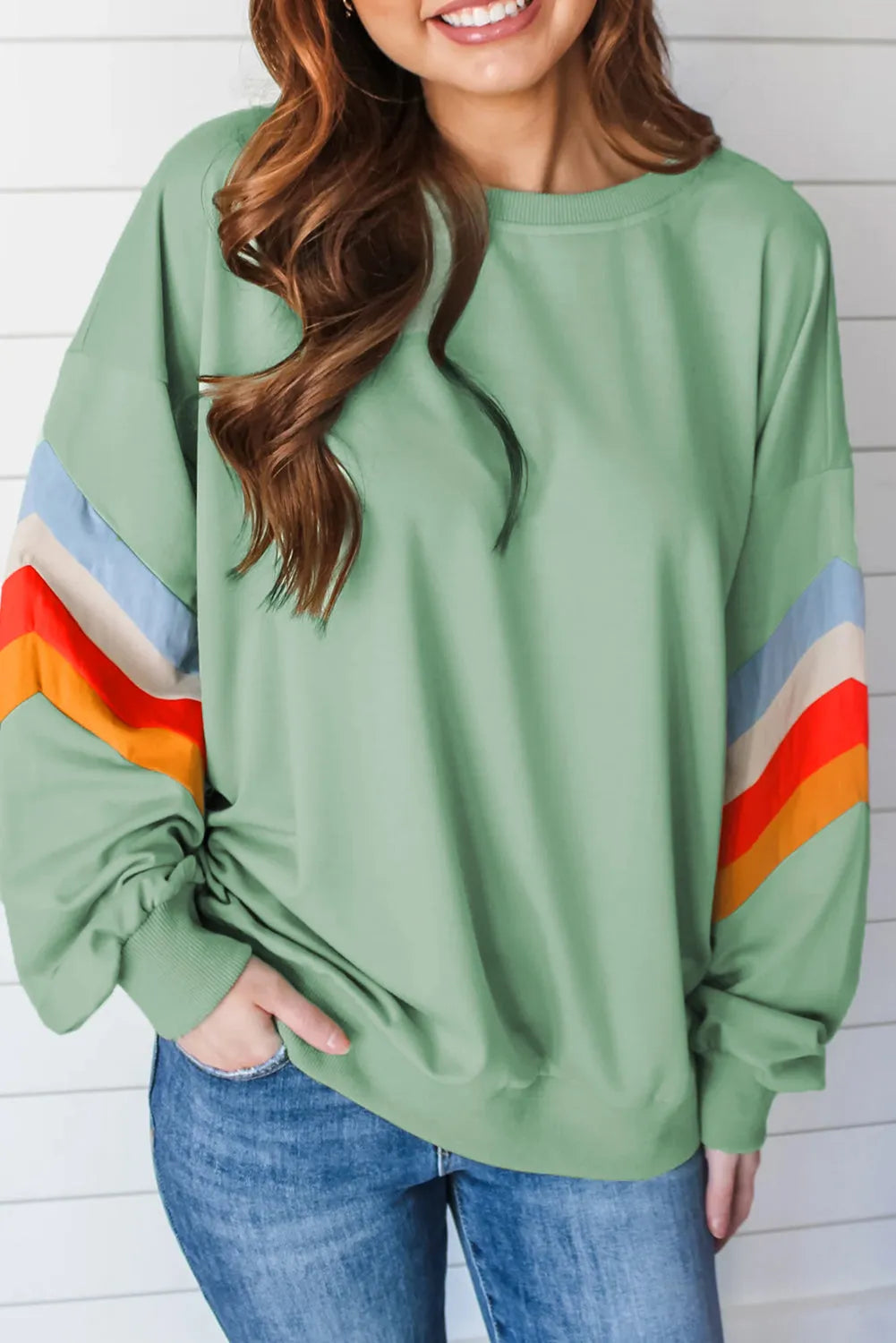 Moonlight Jade Rainbow Striped Sleeve Crew Neck Loose Sweatshirt - Chic Meadow Boutique 