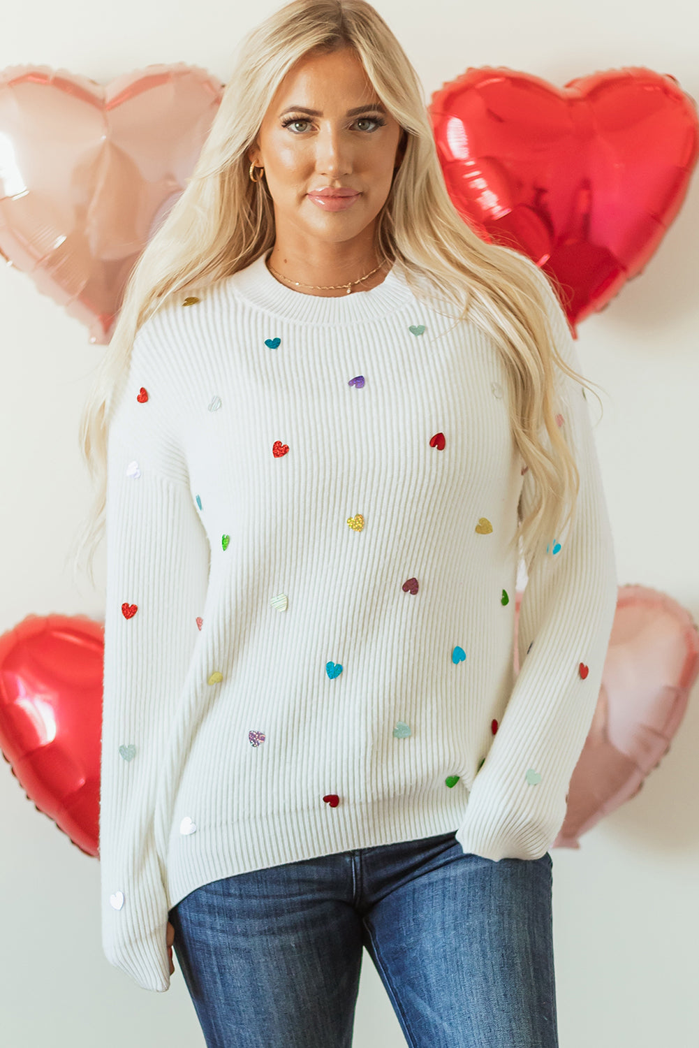 Beige Sequin Heart Shape Waffle Knit Round Neck Sweater