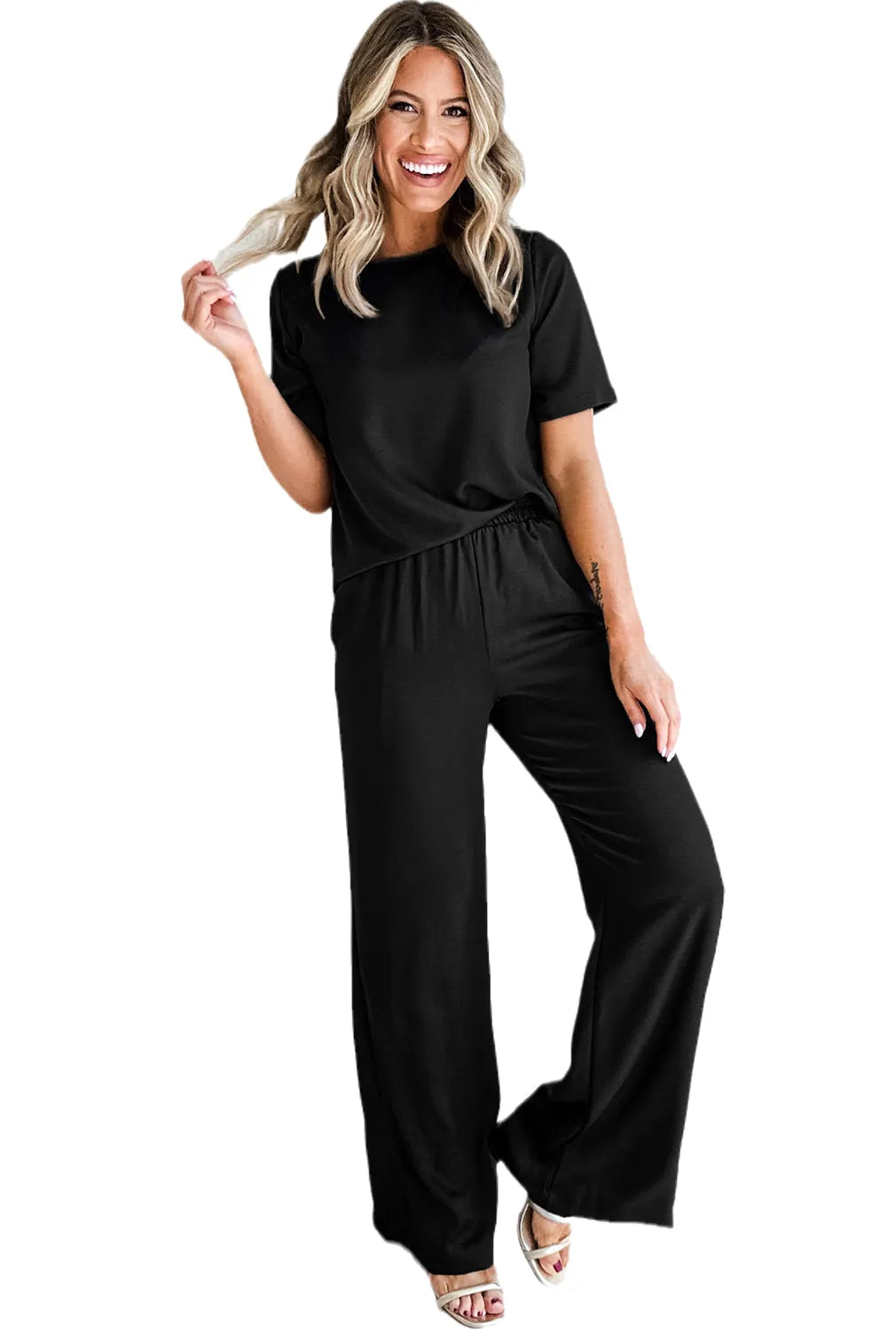 Black Solid Color T Shirt 2pcs Wide Leg Pants Set - Chic Meadow Boutique 