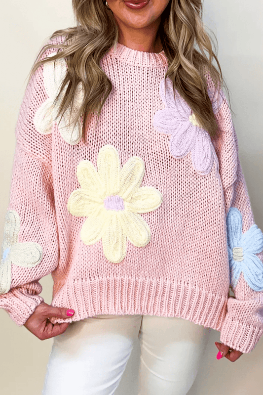 Sweaters & Cardigans/Sweaters Pink / S / 60%Cotton+40%Acrylic Pink Petals & Threads Embroidered Floral Sweater