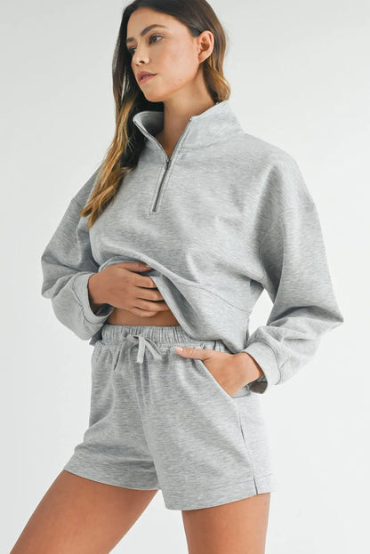 Light Grey Stand Neck Zipped Sweatshirt and Shorts Set - Chic Meadow Boutique 