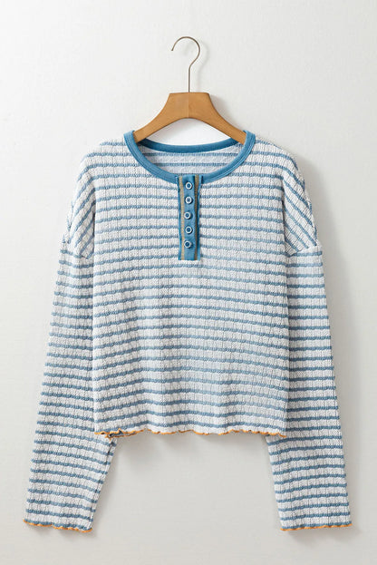 Sky Blue Stripe Textured Frilly Trim Buttons Henley Long Sleeve Top - Chic Meadow Boutique 