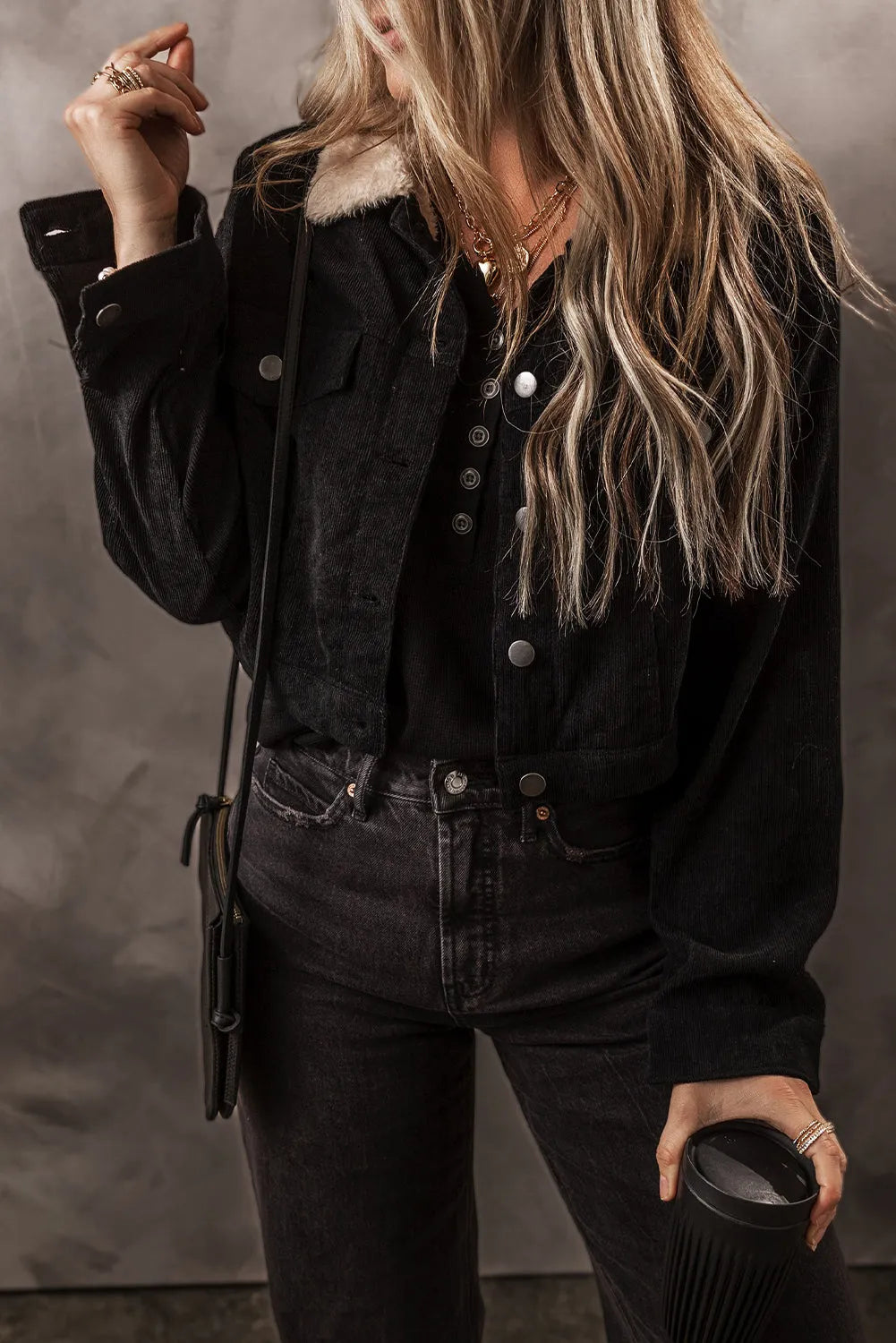 Black Fleece Lined Button-up Collared Corduroy Crop Jacket - Chic Meadow Boutique 