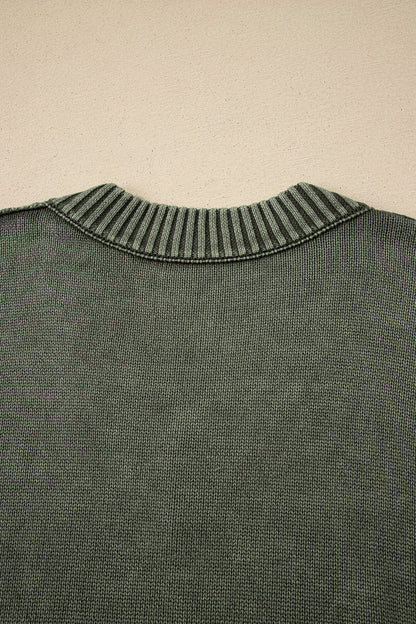 Four Leaf Clover Mineral Wash V Neck Knit Exposed Seam Drop Shoulder Loose Sweater