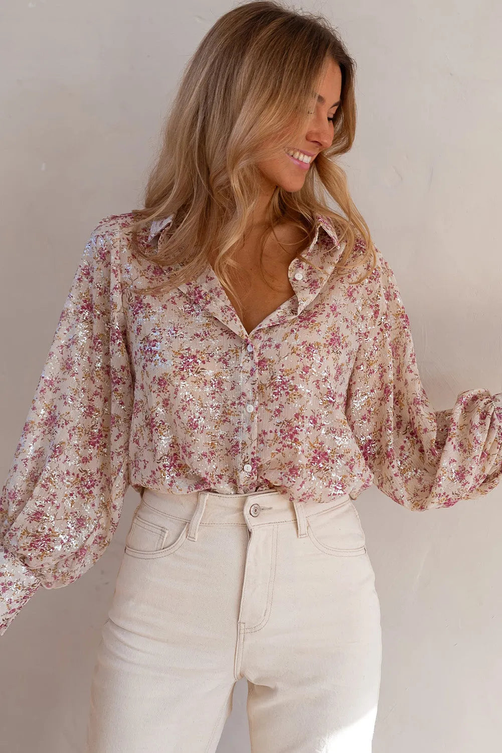 Pink Floral Print Bishop Sleeve Collared V Neck Shirt - Chic Meadow Boutique 