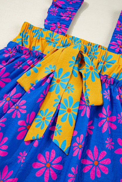 Blue Floral Colorblock Flutter Straps Flowy Tank Top