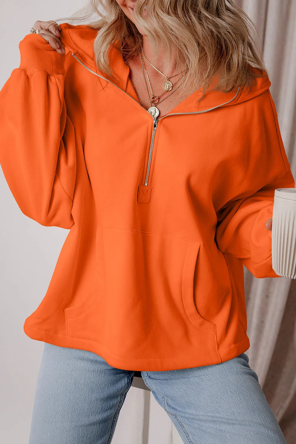 Orange Fleece Lined Half Zipper Kangaroo Pockets Loose Hoodie - Chic Meadow Boutique 