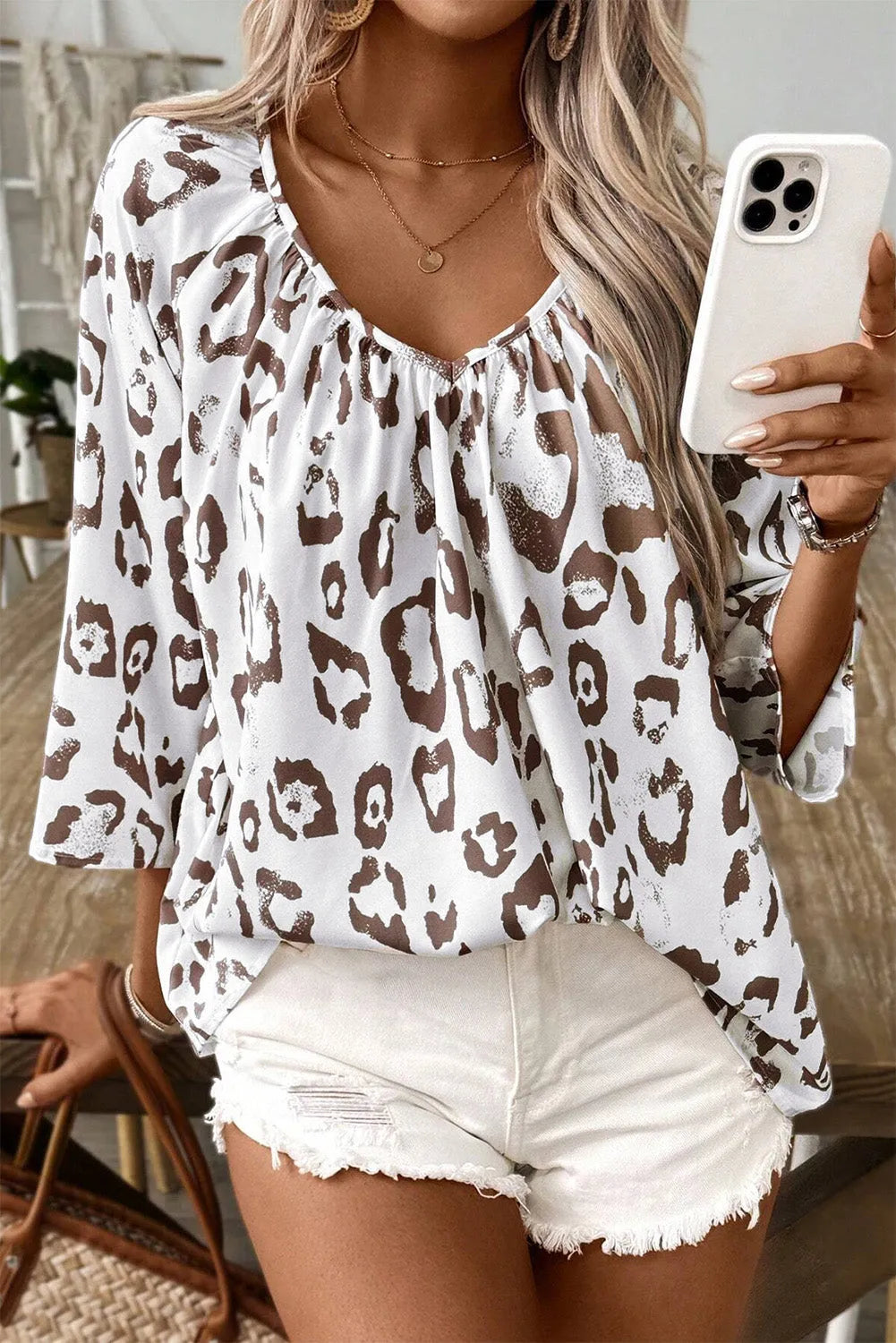 Khaki Leopard Print Ruched V Neck 3/4 Sleeve Blouse - Chic Meadow Boutique 