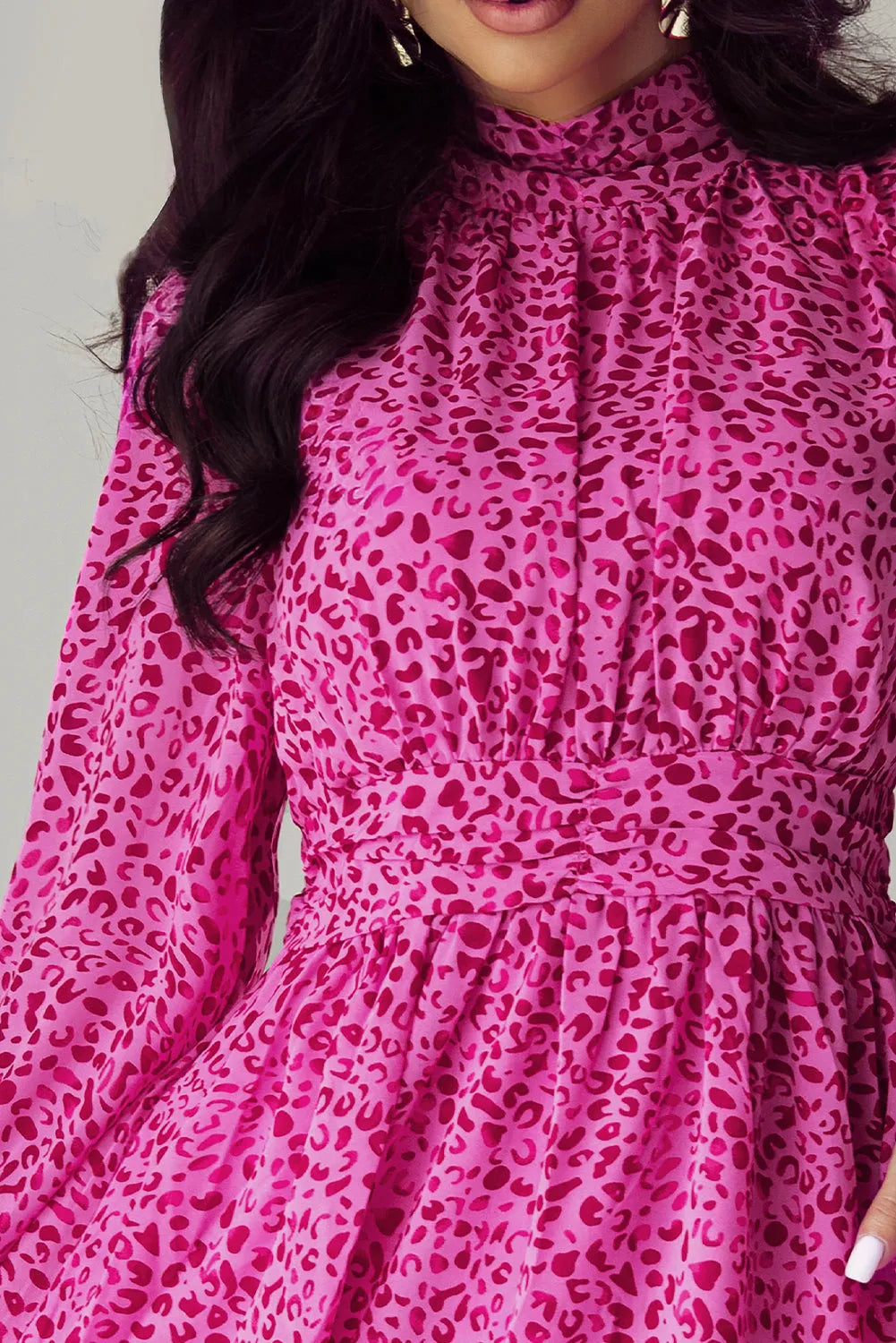 Rose Leopard Puff Sleeve Knotted High Neck Ruffle Dress - Chic Meadow Boutique 