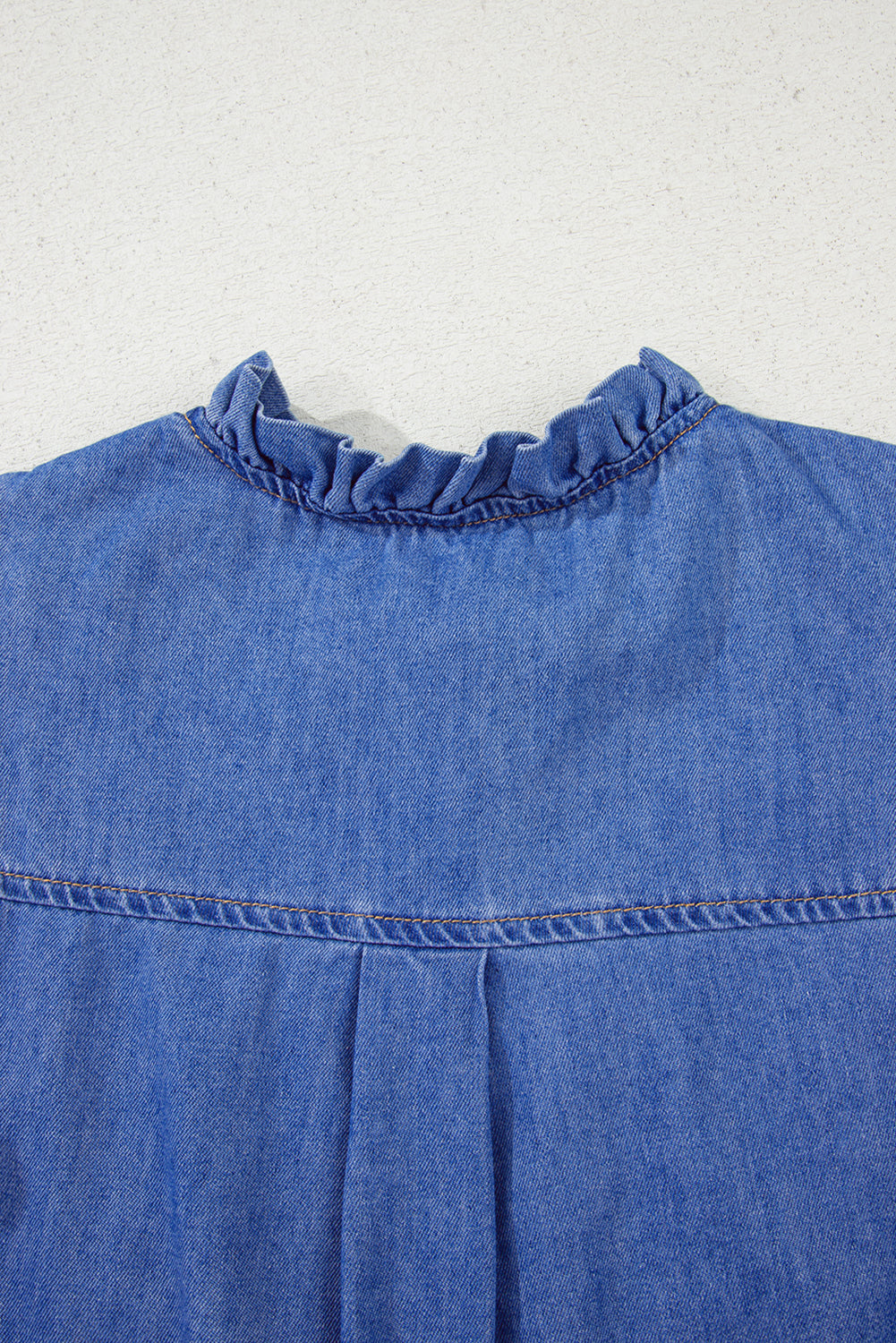 Sky Blue Mineral Wash Cap Sleeve Frilled Button Up Denim Shirt