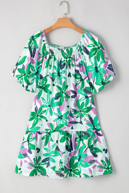 Green Floral Print Shirred Square Neck Loose Fit Mini Dress