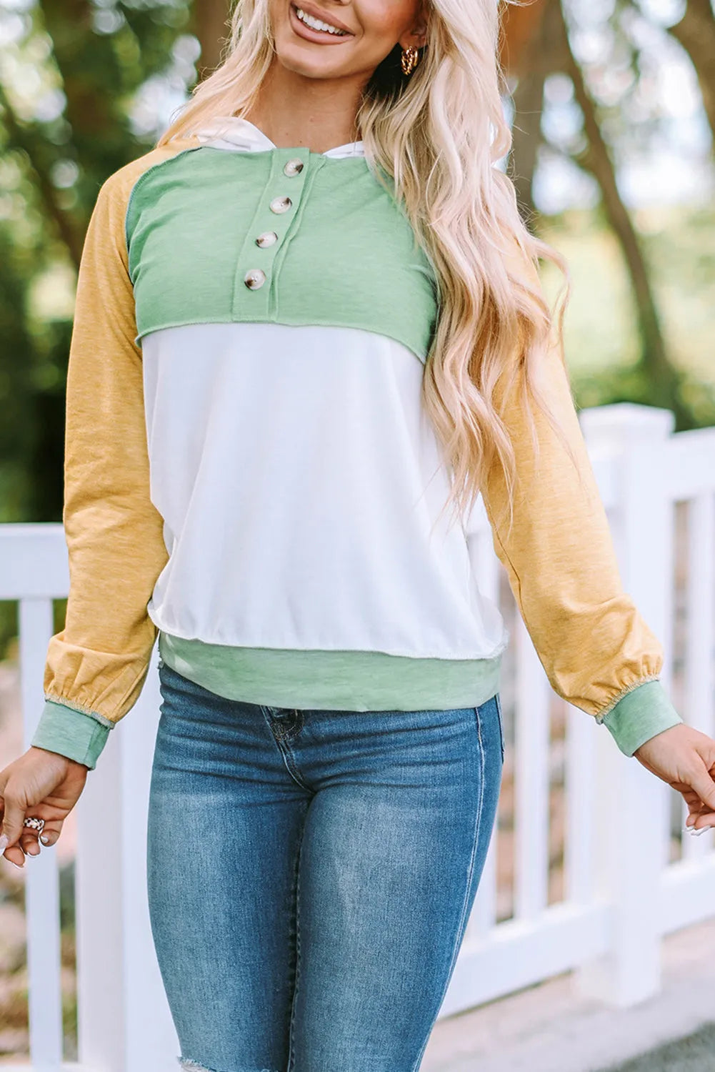 Yellow Colorblock Button Accent Pullover Hoodie - Chic Meadow Boutique 