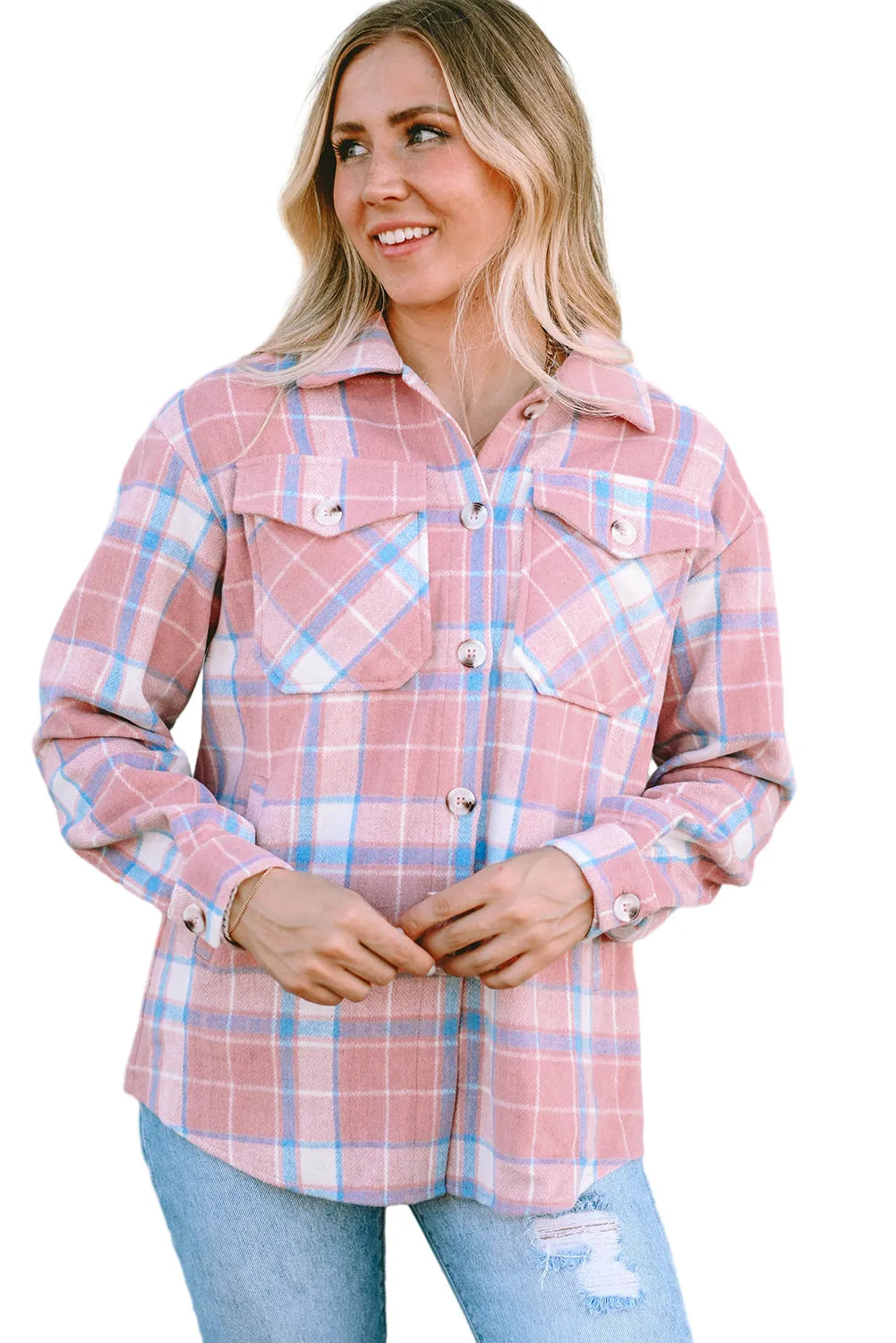 Pink Plaid Flap Pocket Flannel Shacket - Chic Meadow Boutique 