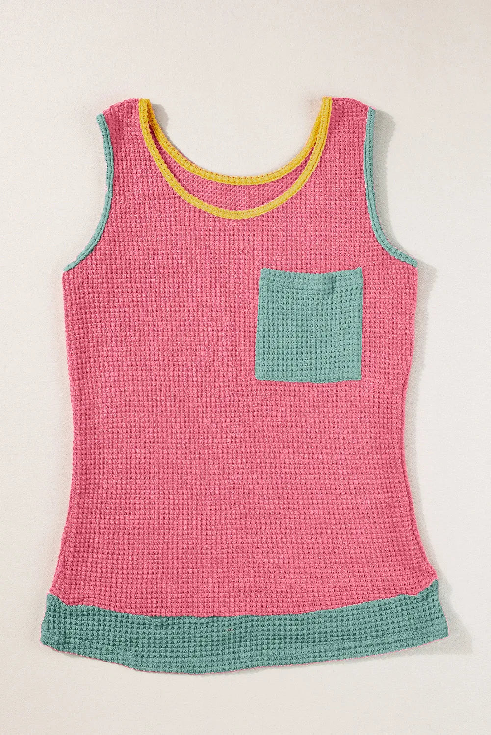 Strawberry Pink Color Block Patched Pocket Breathable Knit Tank Top - Chic Meadow Boutique 