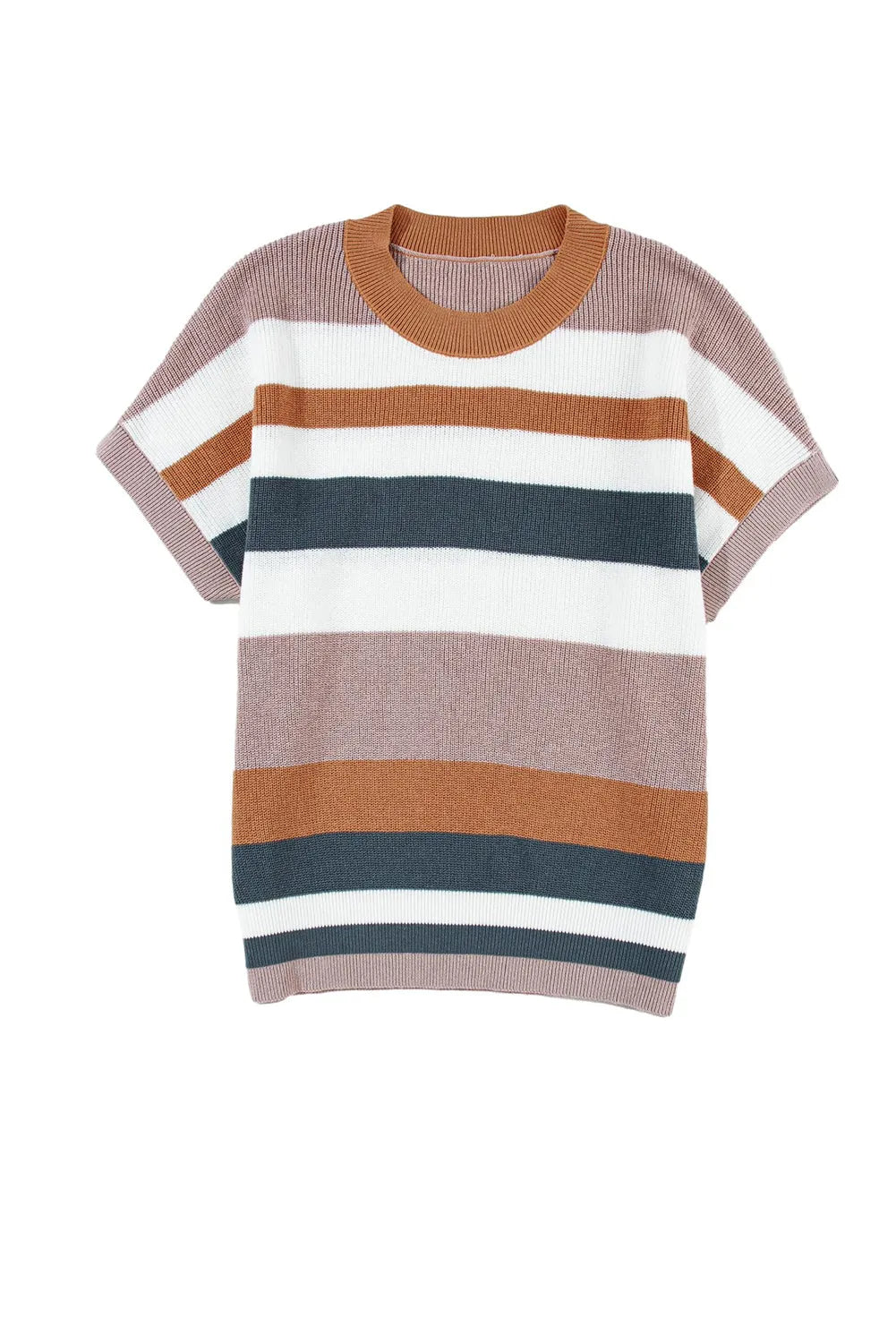 Camel Striped Knit Crew Neck T Shirt Sweater - Chic Meadow Boutique 