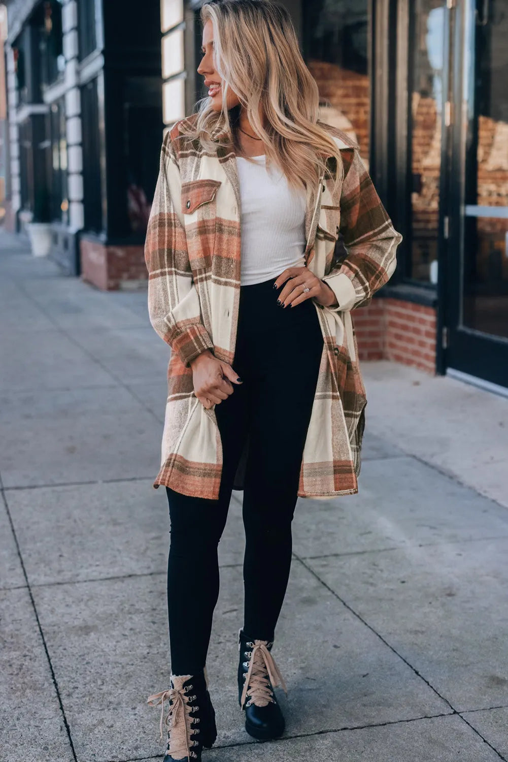 Brown Plaid Print Flap Pockets Long Shacket - Chic Meadow Boutique 