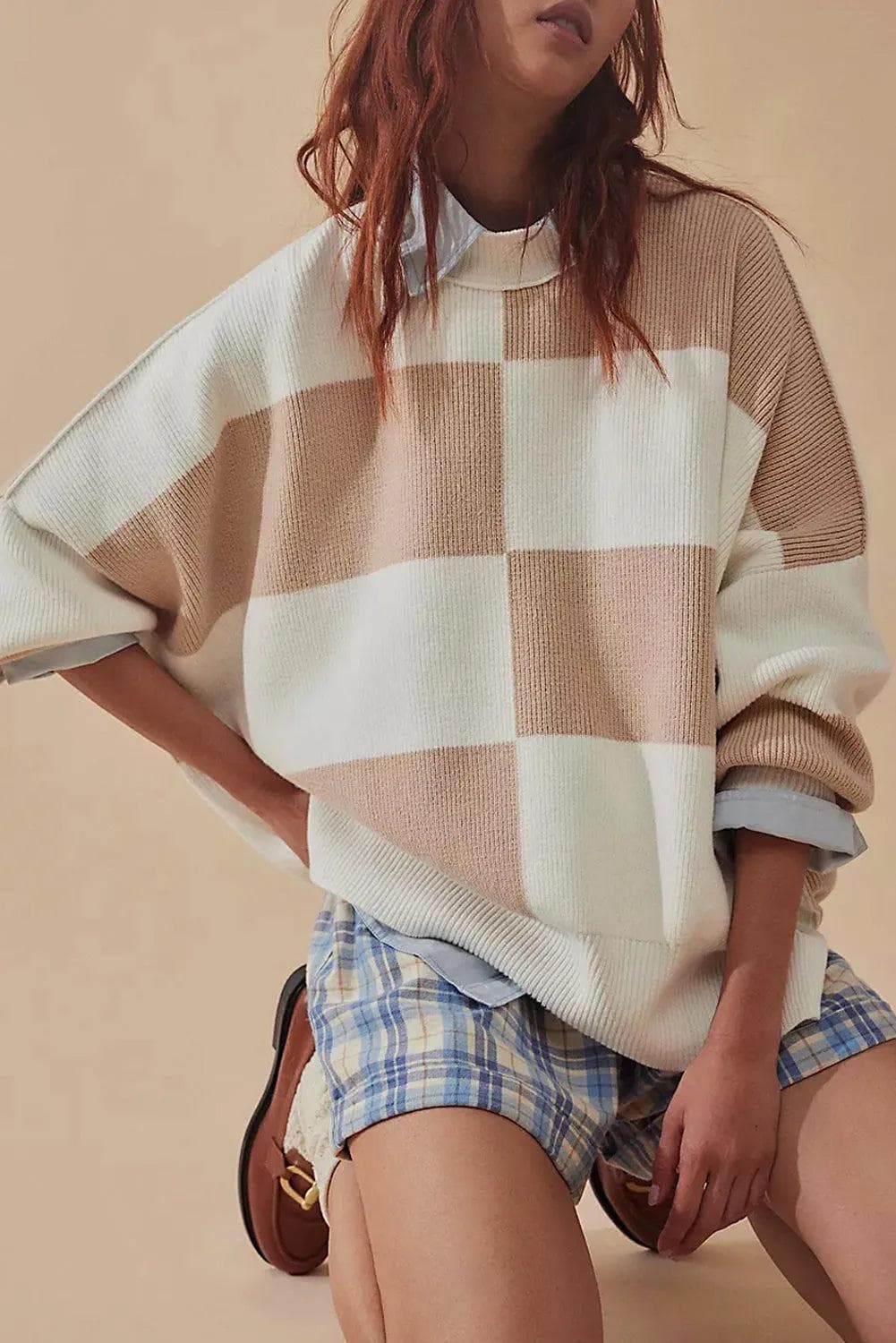 Sweaters & Cardigans/Sweaters Khaki Checkered Side Slits Drop Shoulder Oversized Sweater