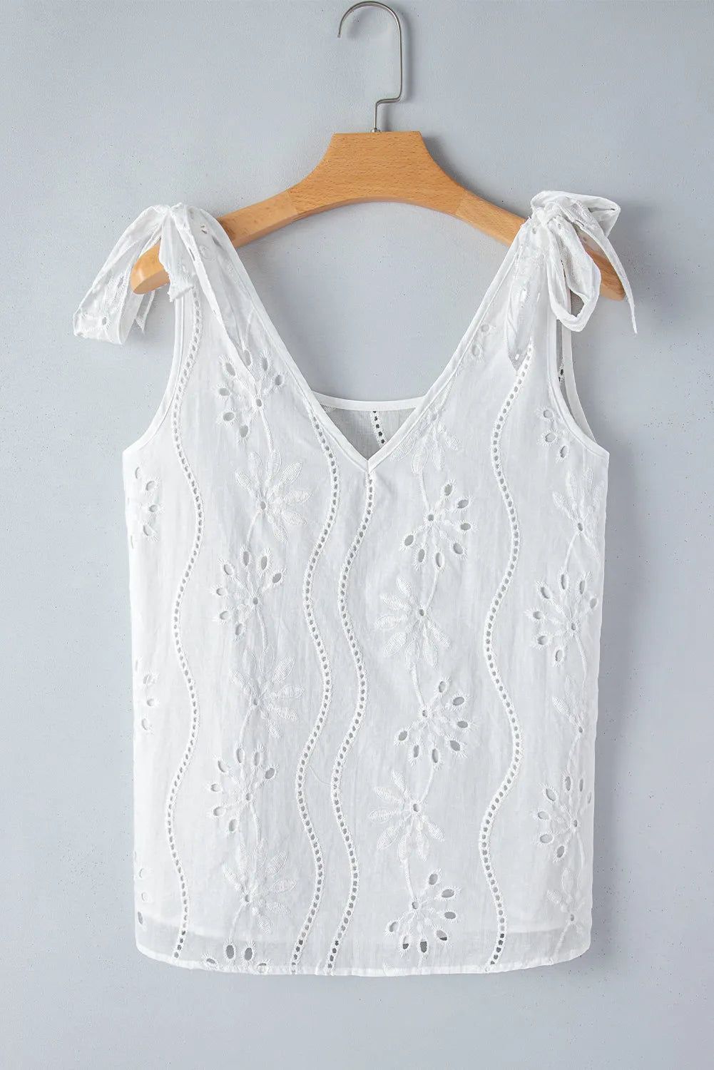 White Embroidery Patterned Knotted Straps V Neck Tank Top - Chic Meadow Boutique 