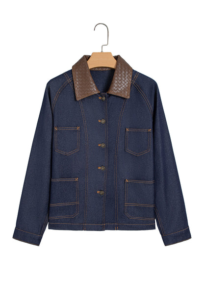 Navy Blue Contrast Collar Stitched Detail Button Denim Jacket